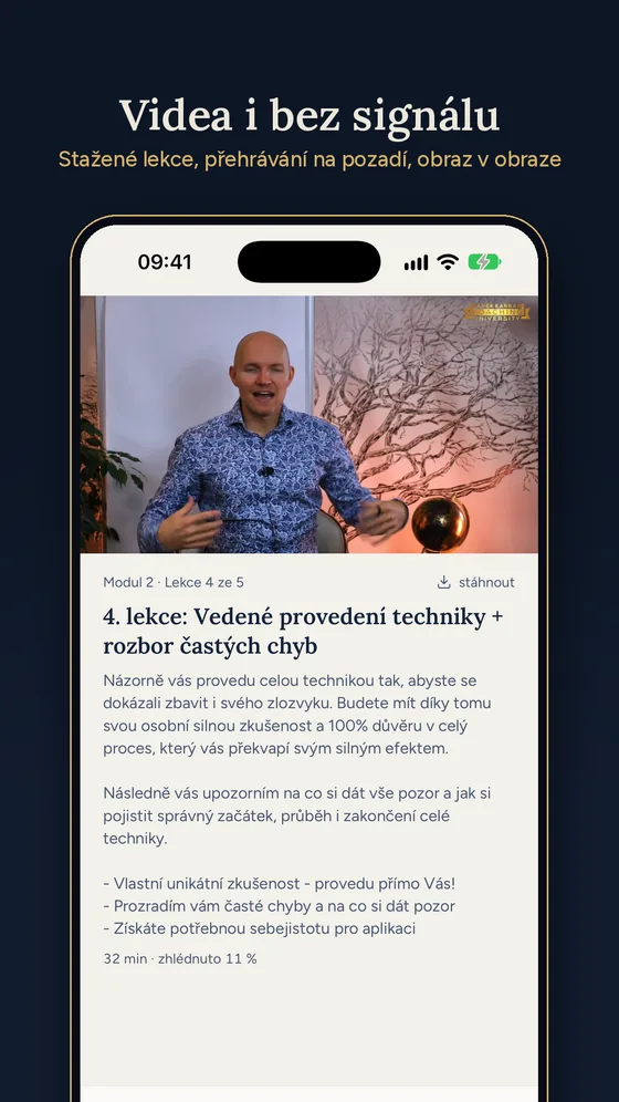 Lekce s videem a popisem, tlačítko ke stažení pro přehrání bez signálu