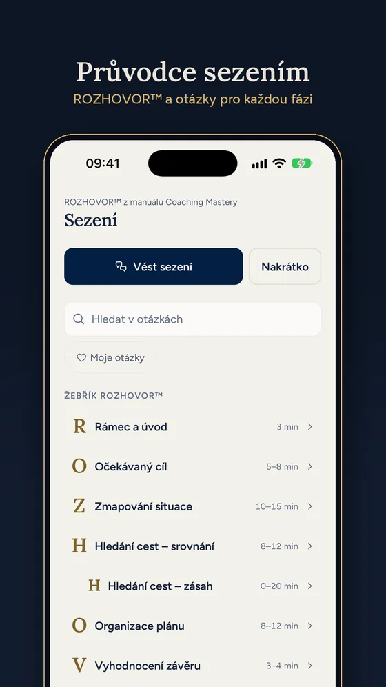 Průvodce sezením: kroky rozhovoru ROZHOVOR™ s doporučeným časem a tlačítko Vést sezení