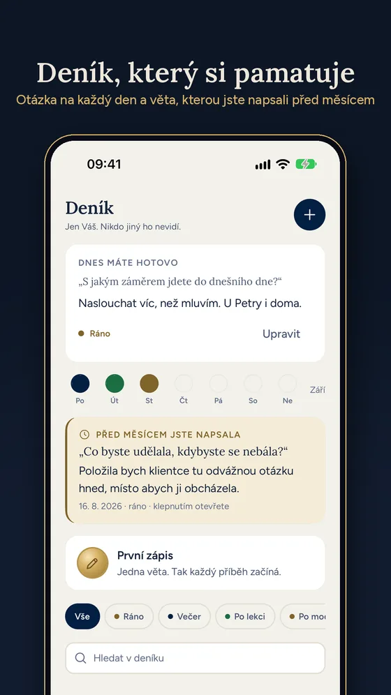 Deník s dnešní otázkou, odpovědí a zápisem z doby před měsícem