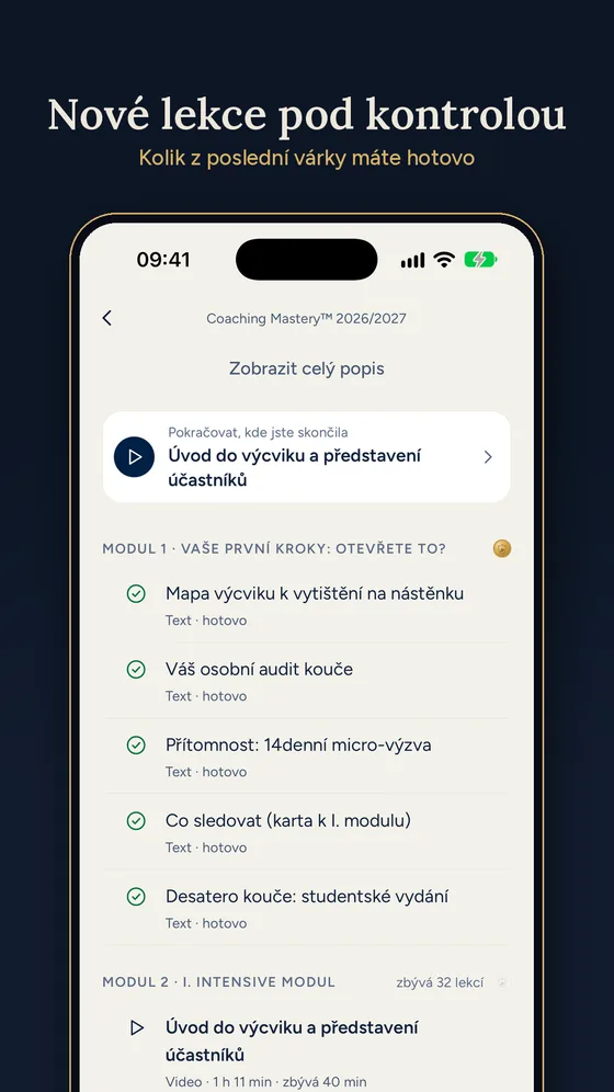 Přehled lekcí kurzu po modulech s odškrtnutými hotovými lekcemi